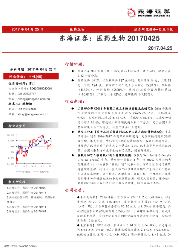 东海证券医药生物行业日报