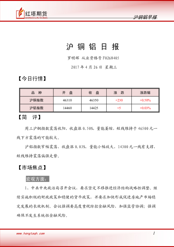 红塔期货沪铜铝日报