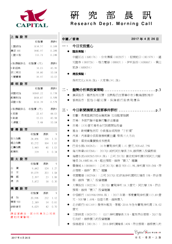 群益证券(香港)研究部晨讯