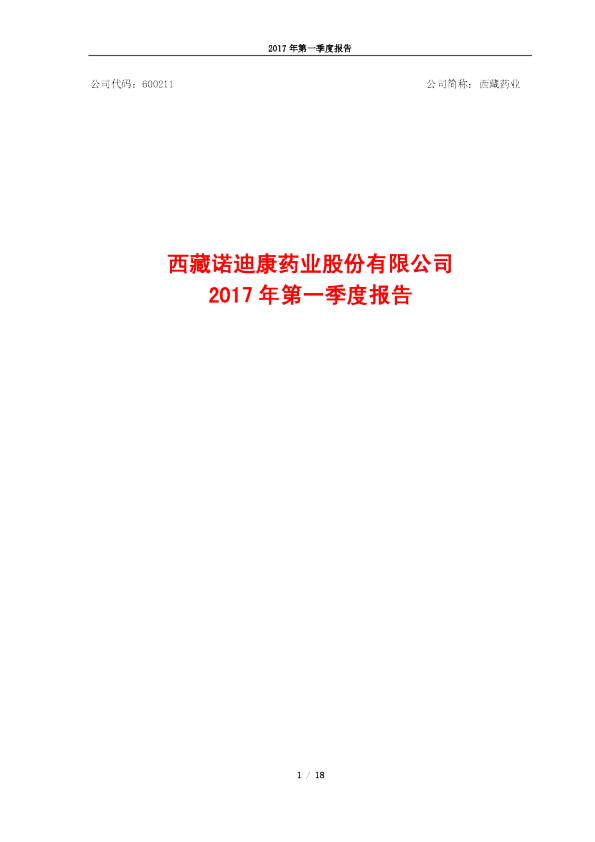 西藏药业：2017年第一季度报告