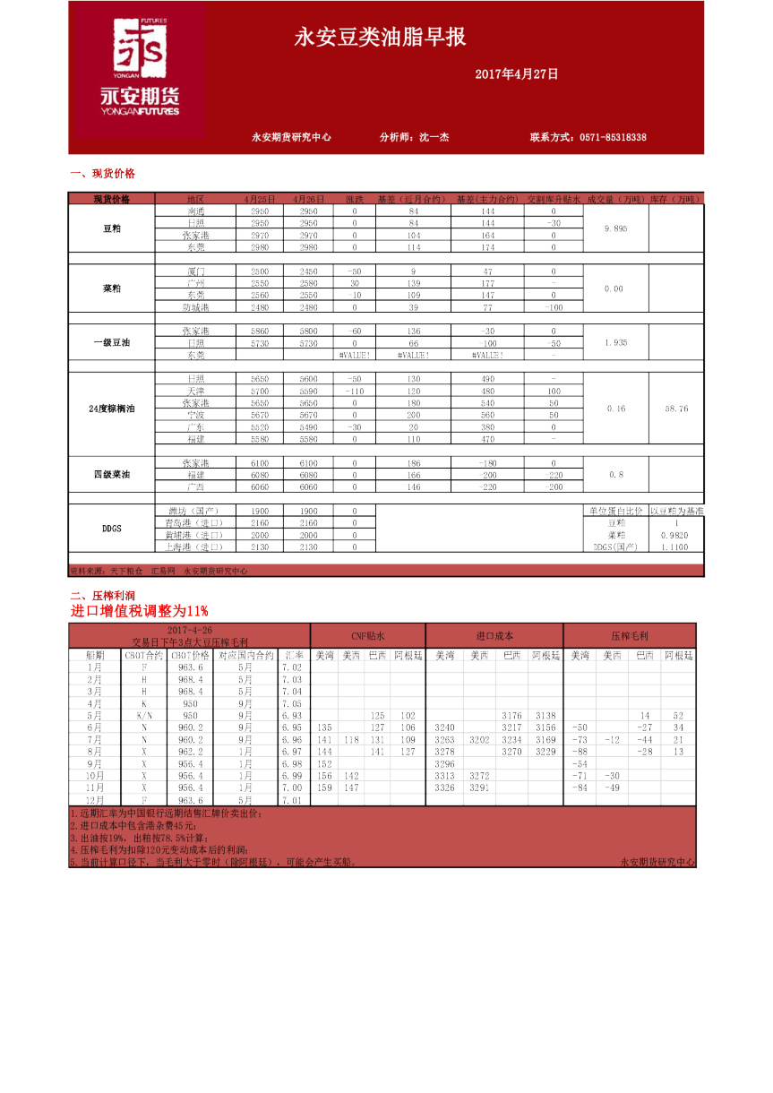 永安期货豆类油脂早报
