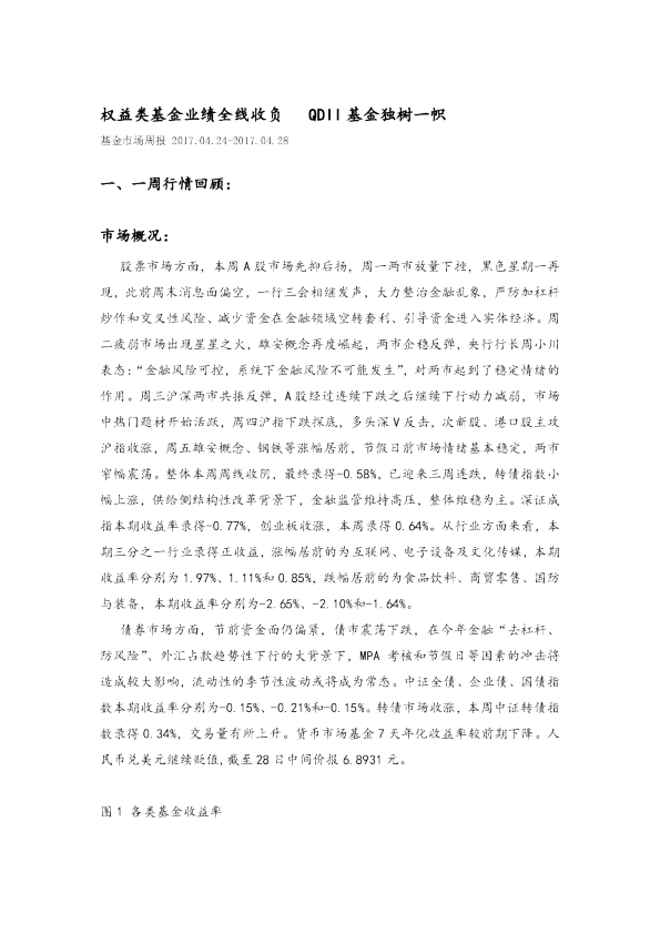 基金市场周报：权益类基金业绩全线收负QDII基金独树一帜