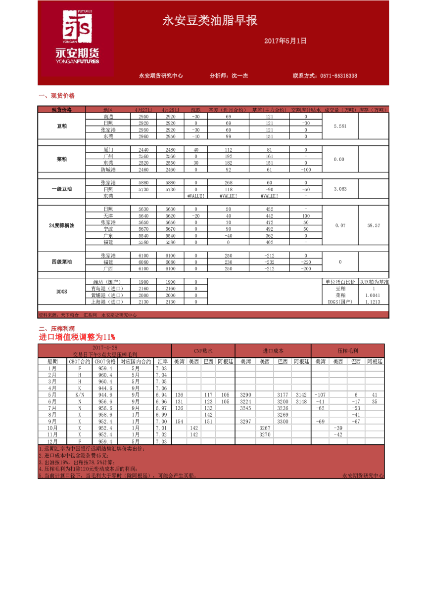 永安期货豆类油脂早报