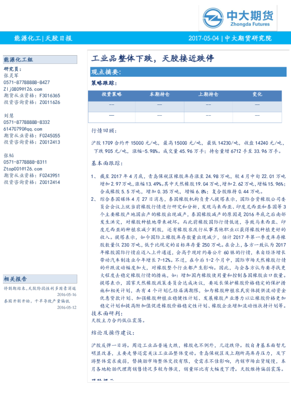 天胶日报：工业品整体下跌，天胶接近跌停