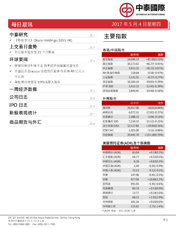 中泰国际证券每日晨讯