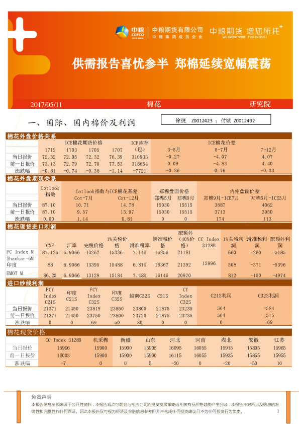 棉花：供需报告喜忧参半 郑棉延续宽幅