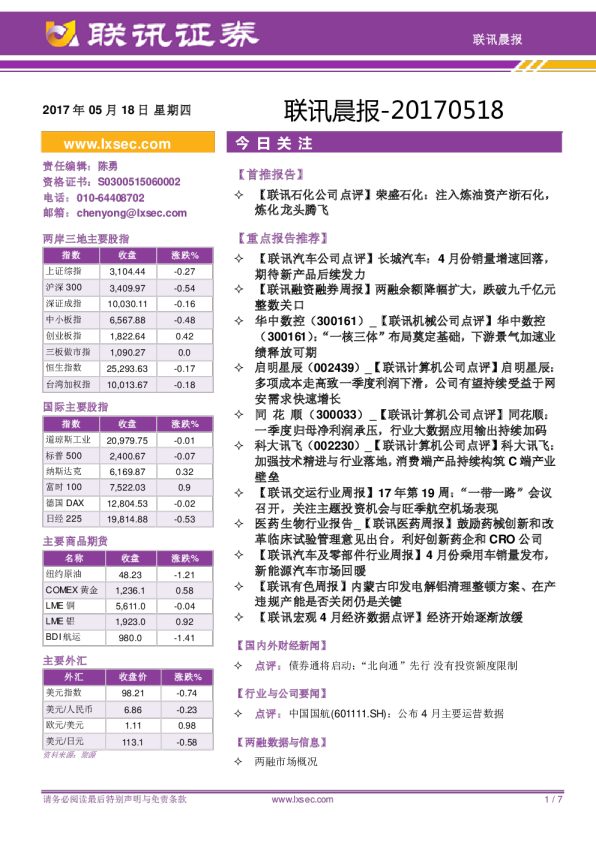 联讯证券联讯晨报
