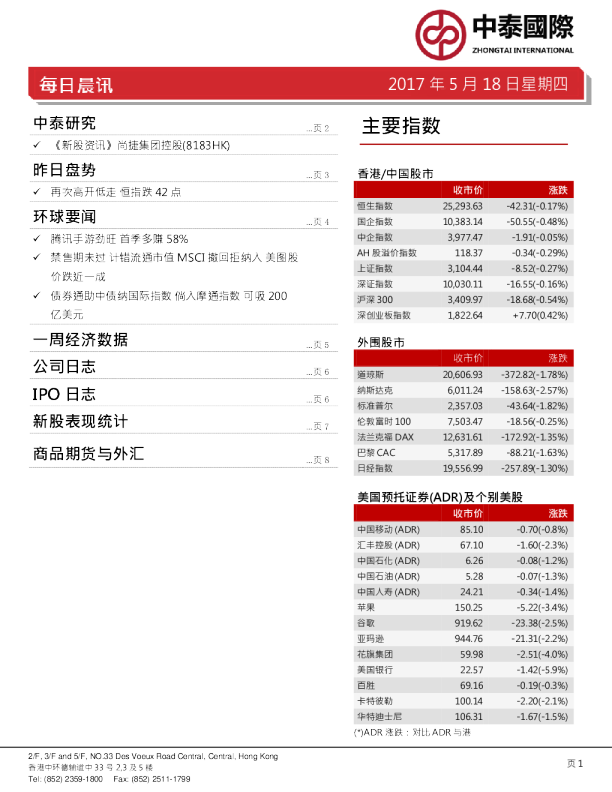 中泰国际证券每日晨讯