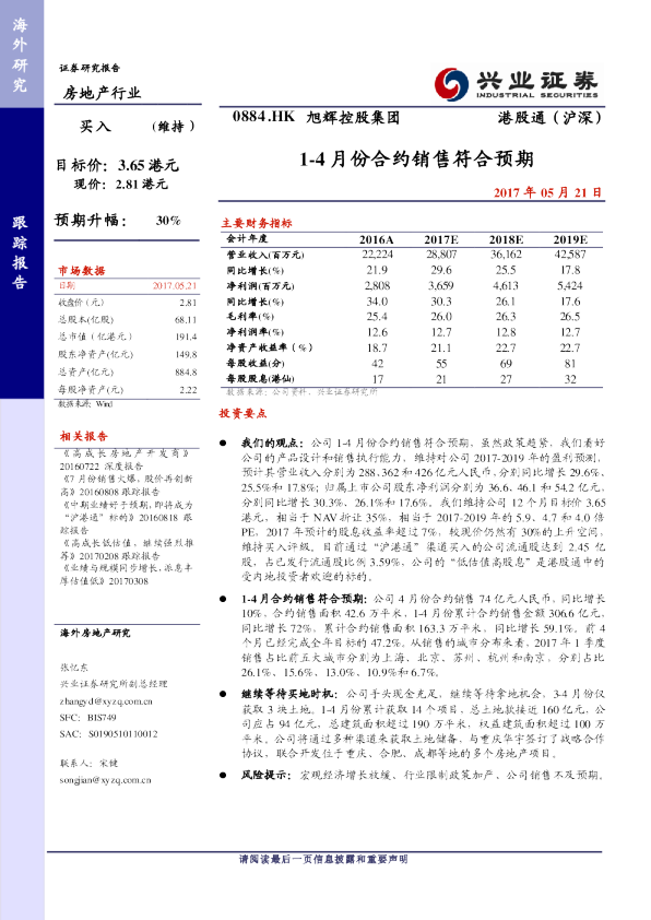 1-4 月份合约销售符合预期