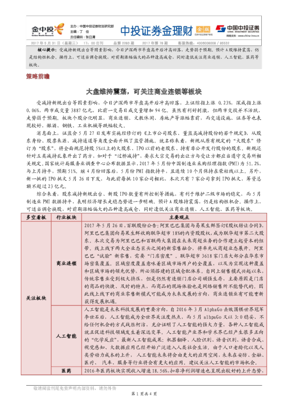 大盘维持震荡，可关注商业连锁等板块