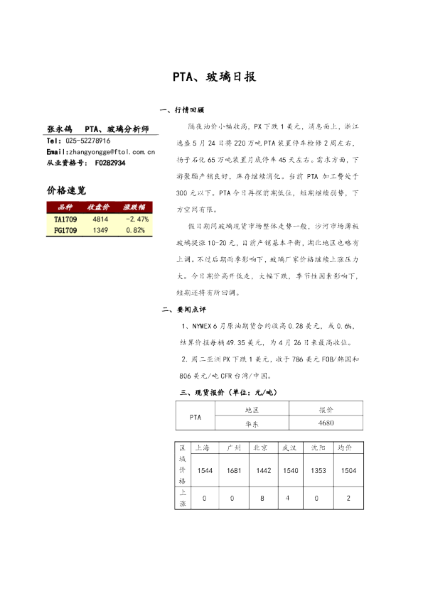 弘业期货PTA、玻璃日报