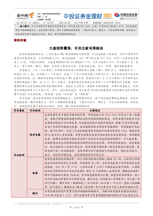 大盘弱势震荡，可关注家电等板块