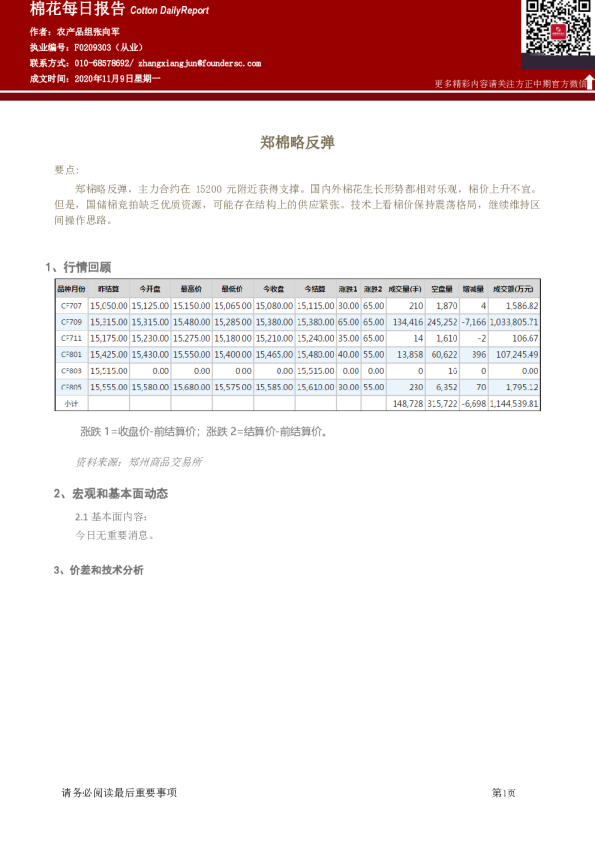 棉花每日报告：郑棉略反弹