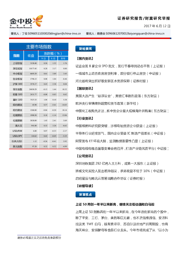 中投证券财富研究早报
