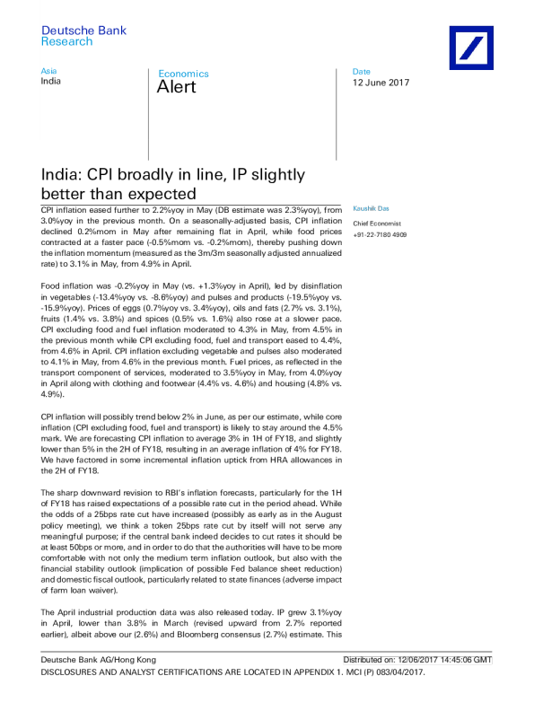 印度：CPI总体上符合预期，IP略好于预期
