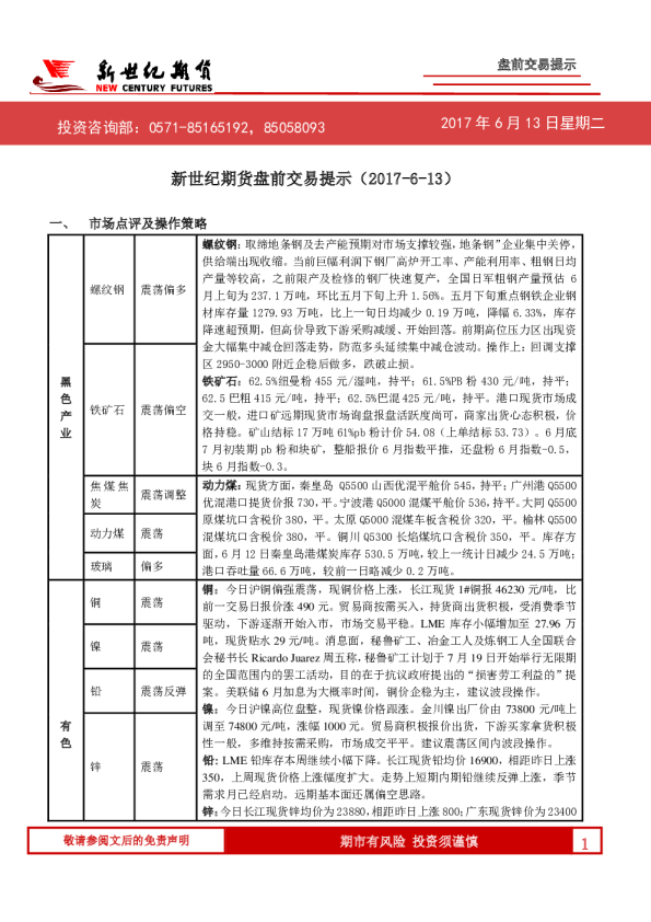 新世纪期货盘前交易提示