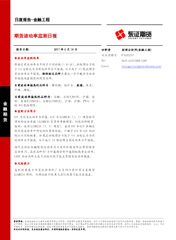 金融工程日度报告：期货波动率监测日报