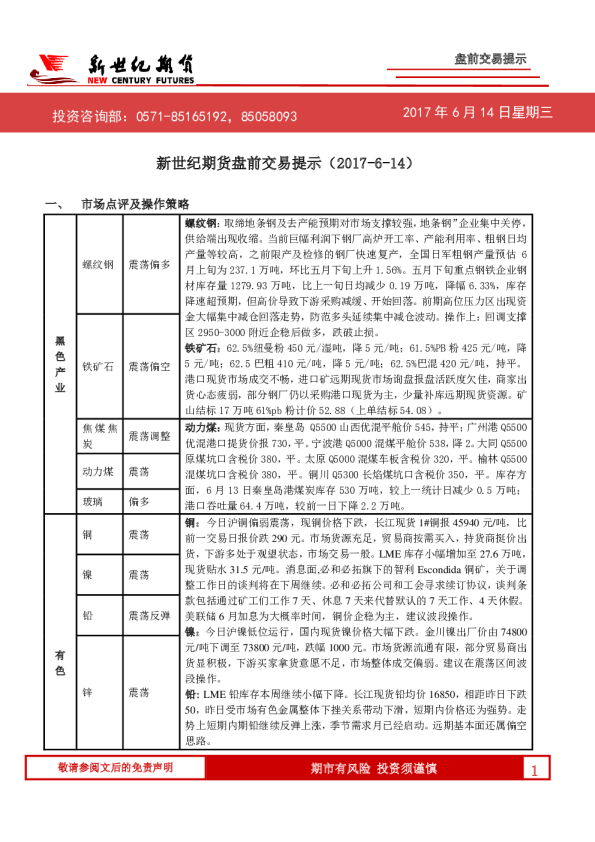 新世纪期货盘前交易提示