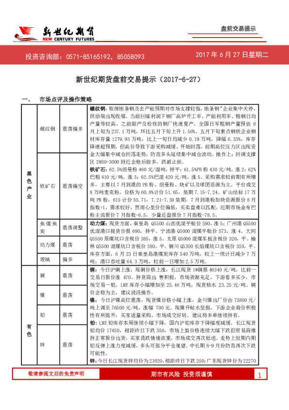 新世纪期货盘前交易提示