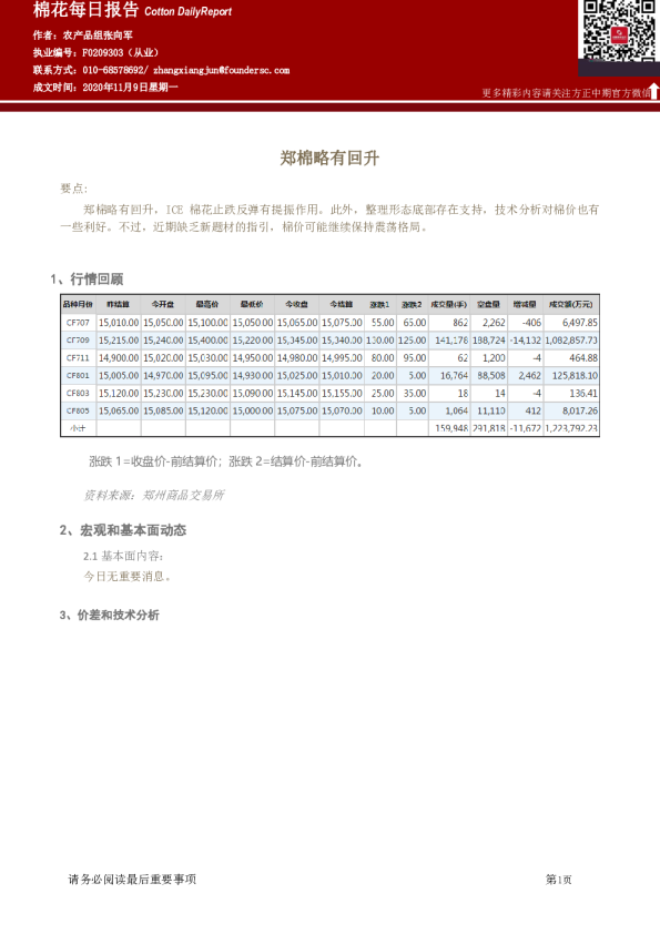 棉花每日报告：郑棉略有回升