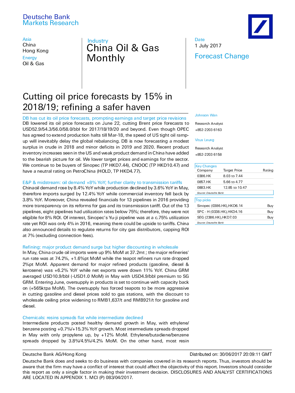 Cutting oil price forecasts by 15 in 2018/19; refining a safer haven