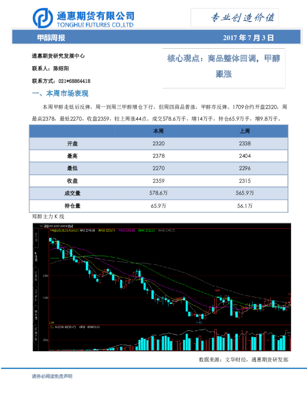 甲醇周报：核心观点：商品整体回调，甲醇跟涨