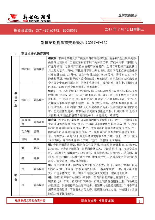 新世纪期货盘前交易提示