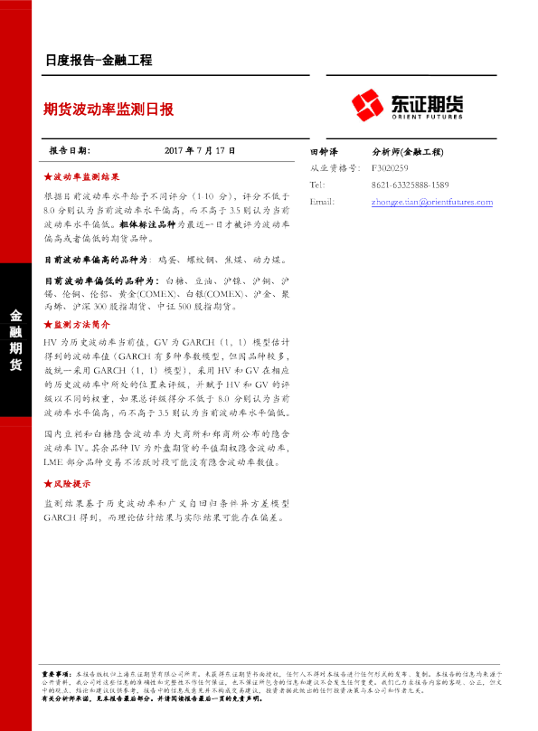 期货波动率监测日报