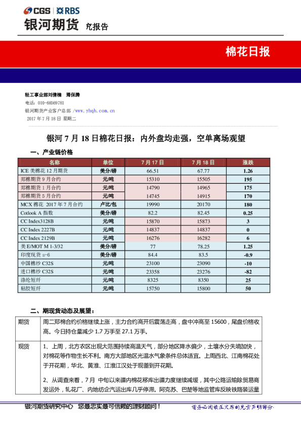 棉花日报：内外盘均走强，空单离场观望