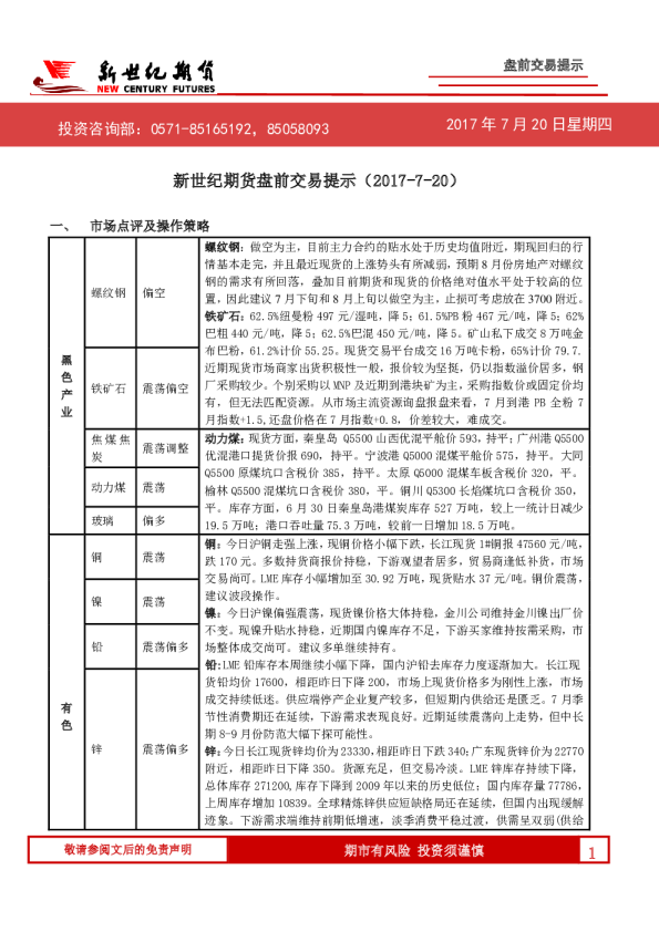 新世纪期货盘前交易提示
