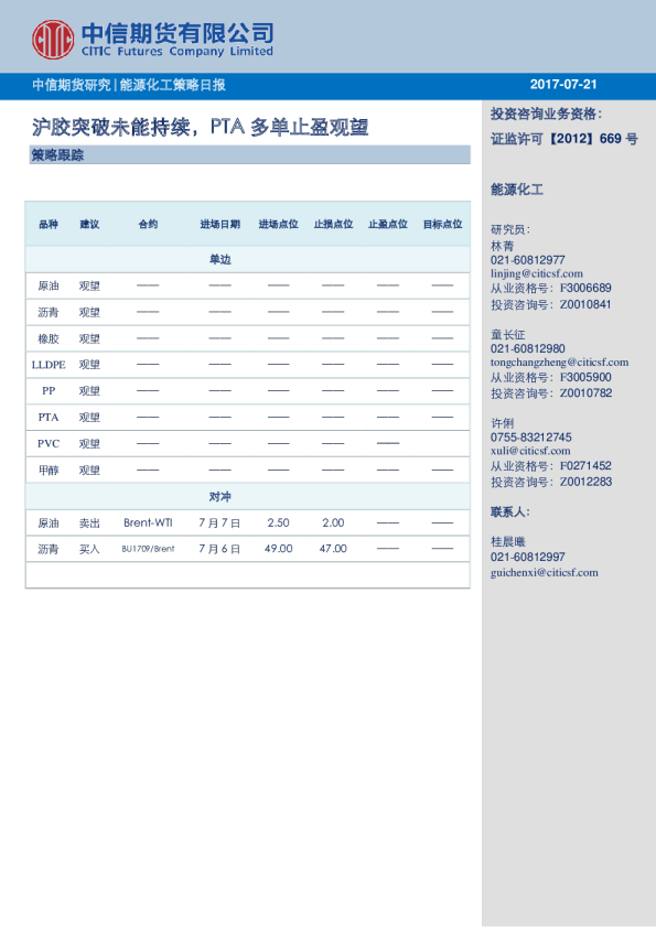 能源化工策略日报：沪胶突破未能持续，PTA多单止盈观望