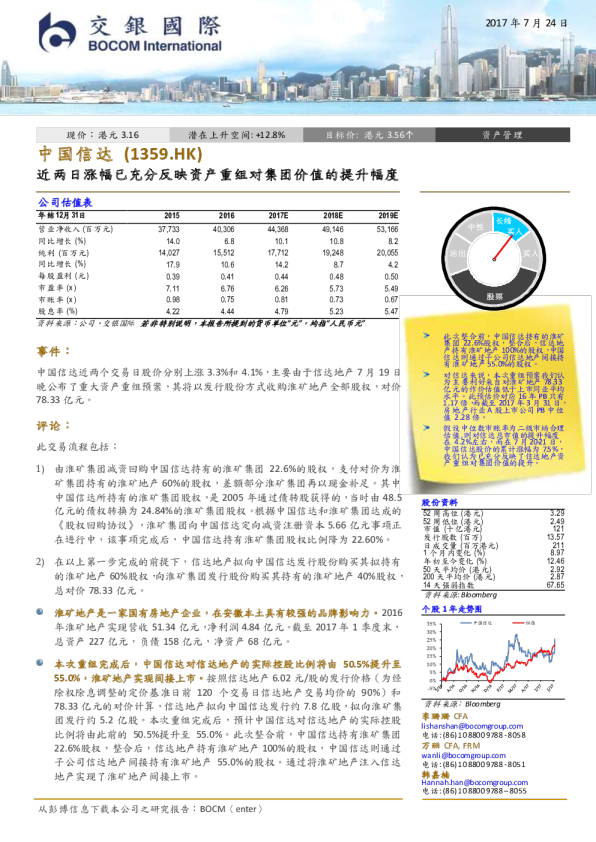 近两日涨幅已充分反映资产重组对集团价值的提升幅度