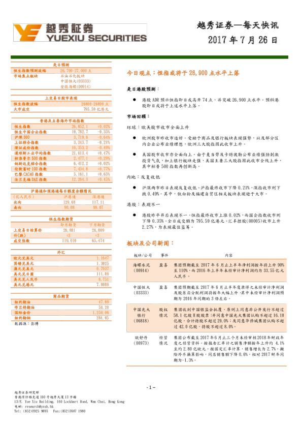 越秀证券每天快讯