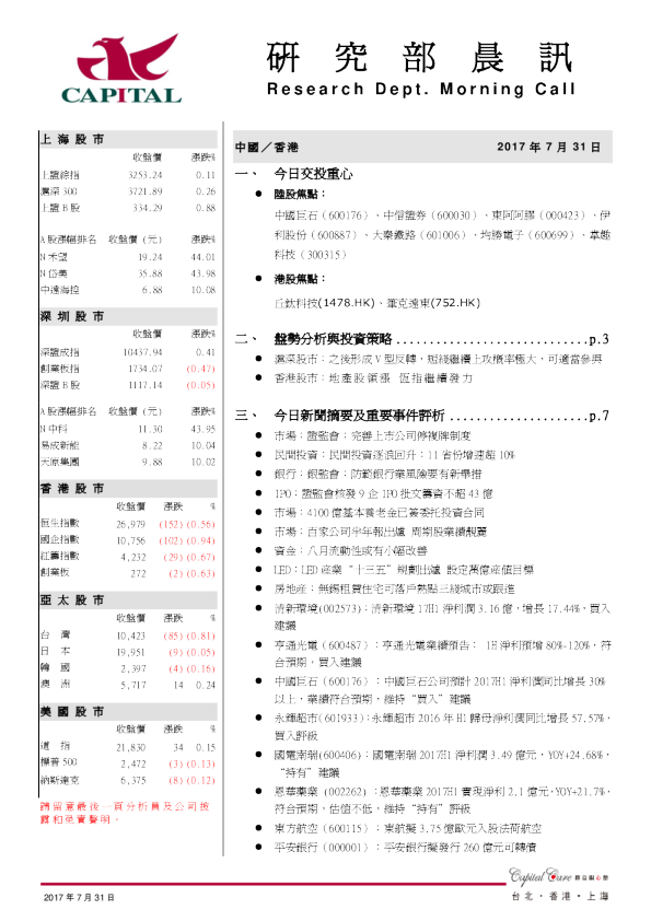 群益证券(香港)研究部晨讯