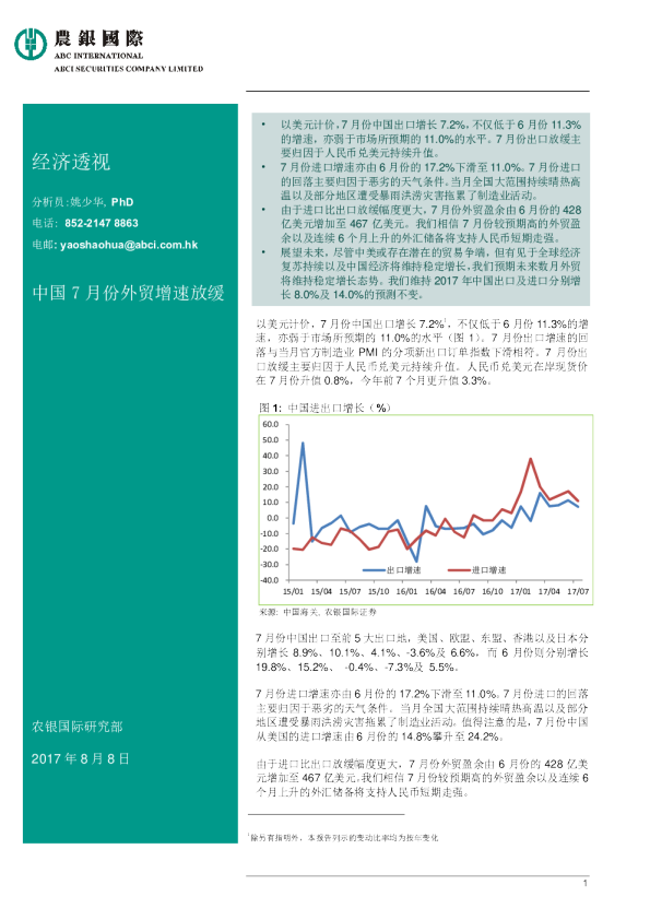 经济透视：中国7月份外贸增速放缓