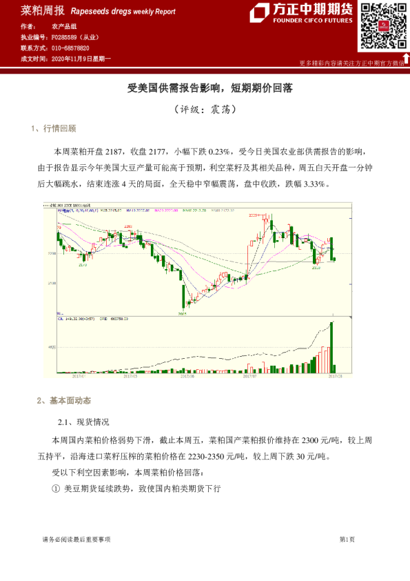 菜粕周报：受美国供需报告影响，短期期价回落
