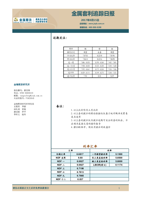 金属套利追踪日报