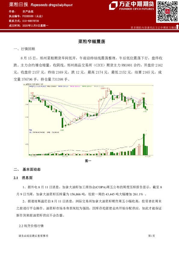 菜粕日报：菜粕窄幅震荡