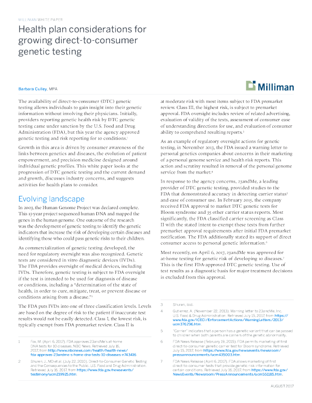 增加直接面向消费者的基因检测的健康计划考虑