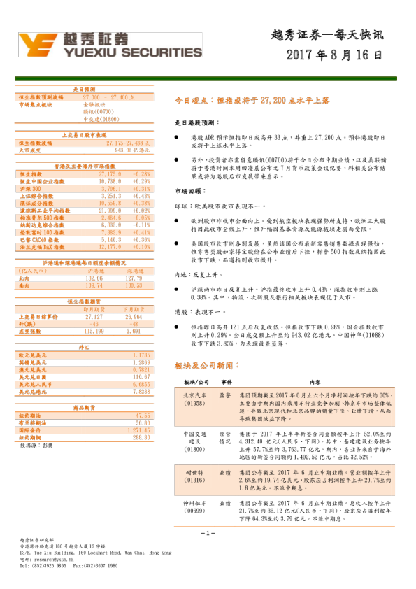 越秀证券每天快讯