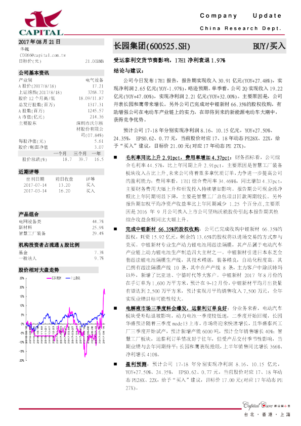 受运泰利交货节奏影响，17H1净利衰退1.97%