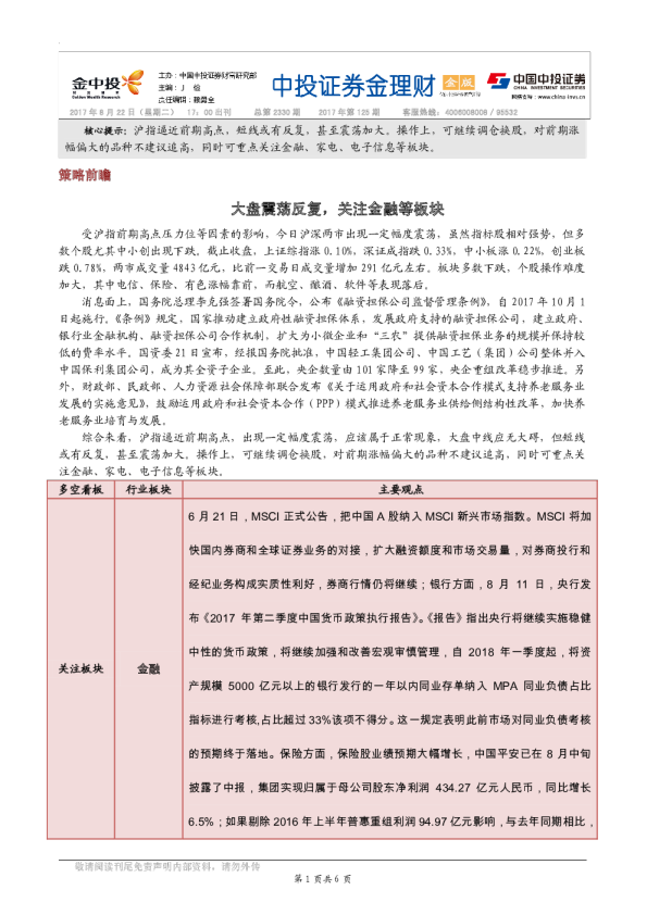 大盘震荡反复，关注金融等板块