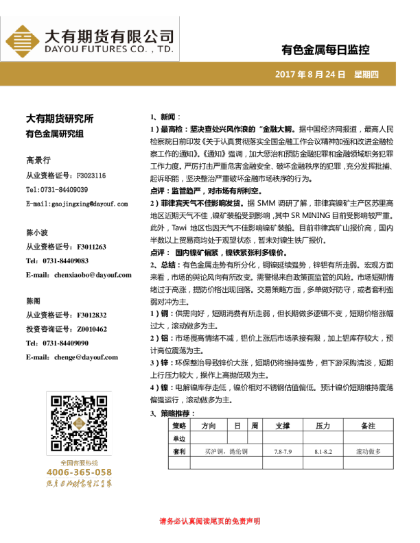 有色金属每日监控