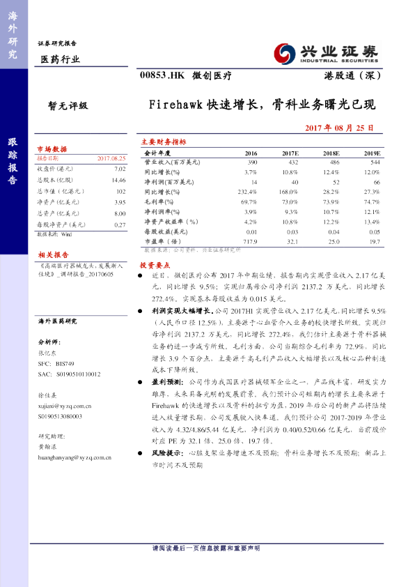 Firehawk快速增长，骨科业务曙光已现