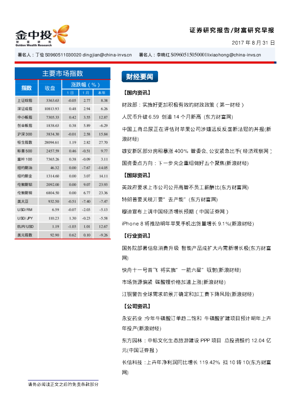 中投证券财富研究早报