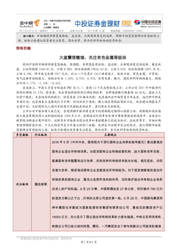 金理财：大盘震荡整理，关注有色金属等板块