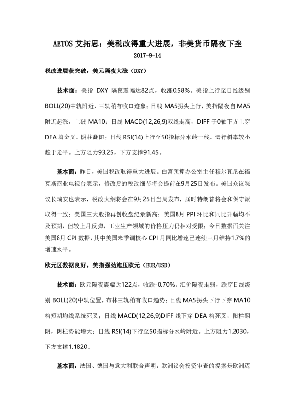 美税改得重大进展，非美货币隔夜下挫