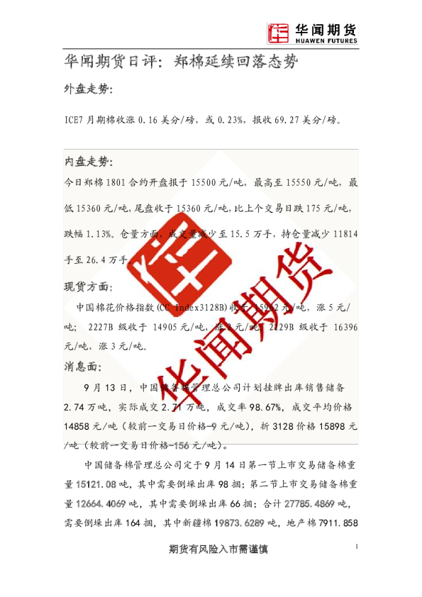 日评：郑棉延续回落态势
