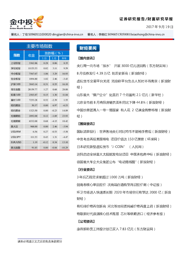中投证券财富研究早报