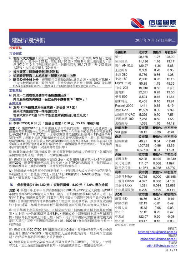 信达国际港股早晨快讯
